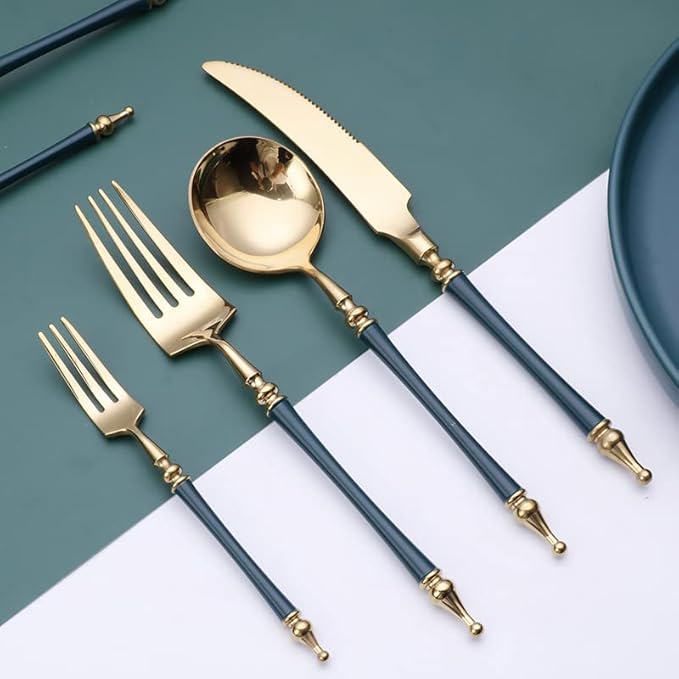 Cutlery Set Pieces Service Stainless Steel Titanium Flatware,16-piece Flatware Set, 4 Servings Tableware, Stainless Steel Cutlery, Including Knife, Fork and Spoon Teaspoon with Gold Wooden