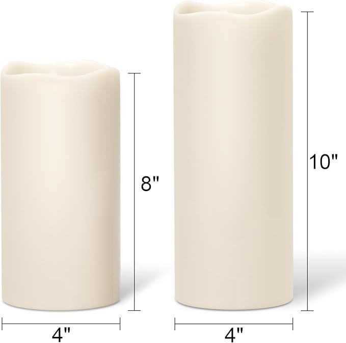 Wondise Solar Powered Flameless Candles IP65 Outdoor Waterproof Rechargeable LED Candles Battery Operated Dusk to Dawn Plastic for Camping Patio Porch Lanterns(2 Pack, 4" D x 8" H x 10" H)