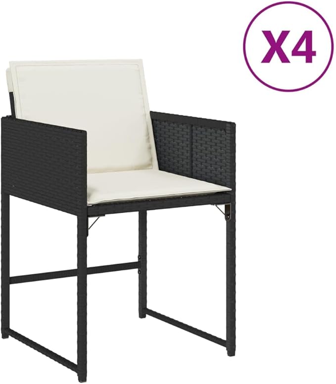 Foldable Patio Chair Set of 4 Black & Cream Rattan Outdoor Dining Chairs 17.1'' Leg Height 15'' Seat Depth Fold-up Camping Chairs for Balcony Garden Terrace