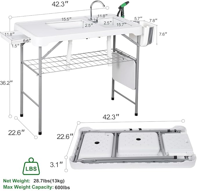 Garvee Fish Cleaning Table with Dual Sink, Portable Folding Camping Table with Foldable Faucet, Sprayer, Grid Rack & Foldable Storage Box, Outdoor Sink Station for Picnic Beach Patio