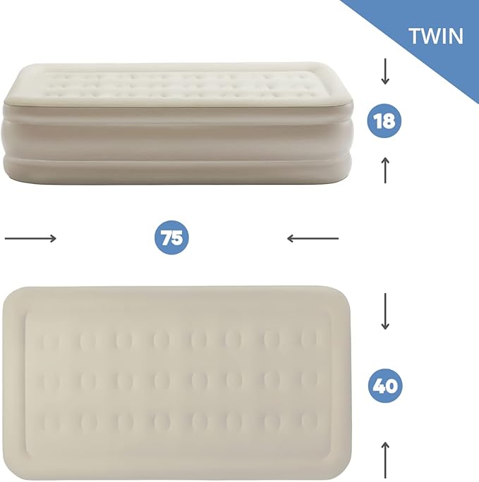 Simpli Comfy 18" Raised Twin Inflatable Air Mattress with Built-in AC Pump, Fast Self-Inflating Blow Up Air Bed with Waterproof Top for Home, Travel, Camping 75” x 40” x 18"