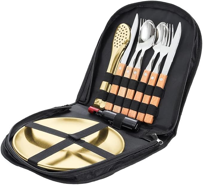 Silverware Flatware Cutlery Set， Outdoor Camping Two-person Tableware Set 304 Stainless Steel Wooden Handle Knife， Fork， Spoon， Steak Clip， Bottle Opener，Brown gold-6Set
