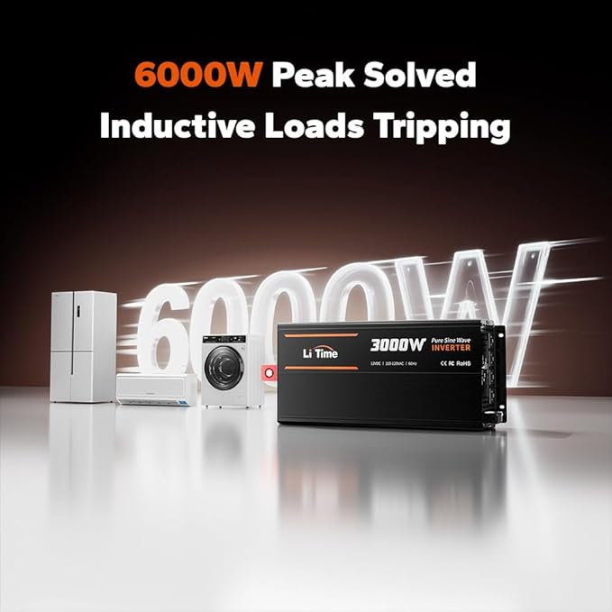 LiTime 3000W Pure Sine Wave Inverter 12V DC to 120V AC Converter with Remote Control for RV, Camping, Off-Grid Solar Power Inverter with 4 AC Outlets,2 USB Outputs, Screen Showing Real-time Status