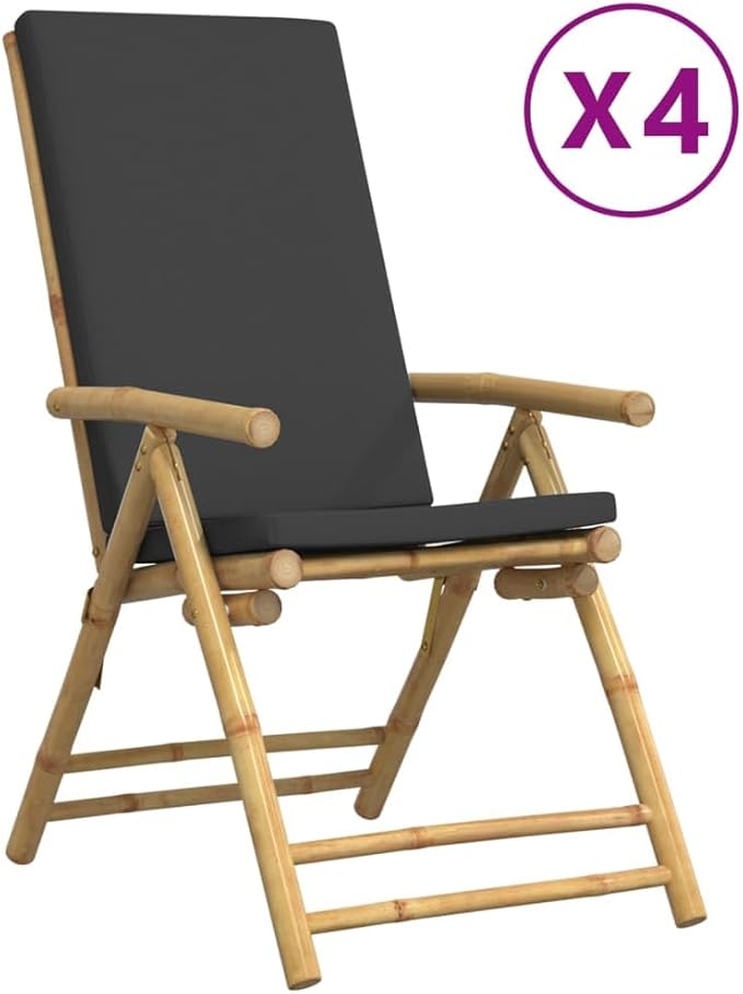 4 Piece Folding Patio Reclining Chairs with Dark Gray Cushions Bamboo Lounge Chair Camping Chair Lawn Chairs Living Room Chairs for Bedroom Patio Outdoor Dining