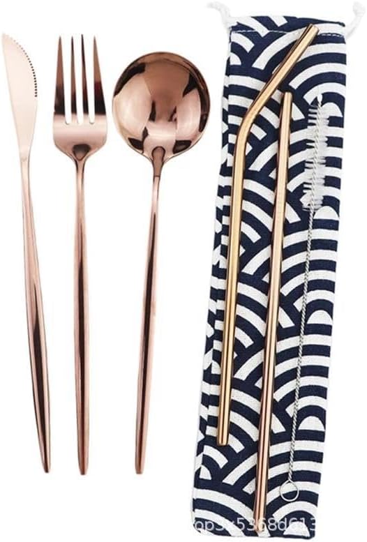 6/24/36/48/60/72 Pieces Stainless Steel Travel Camping Portable Tableware Set Straw Table Knife Spoon Fork Cleaning Brush Storage Bag(Rose Gold,4Set-24Pcs)