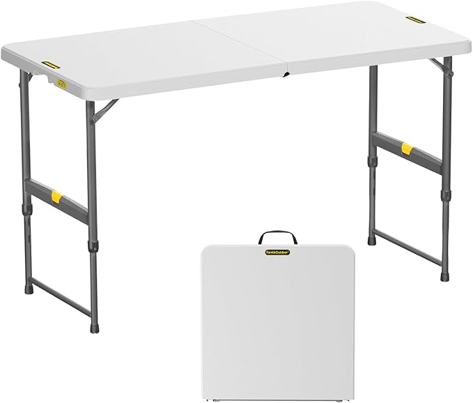 FanttikOutdoor Folding Table 4 Foot, Effortless Quick Adjustable Height Foldable Small Card Table, Fixing Lock, Stable for Party Dining Events Picnic Indoor Outdoor Camping, 1 Pack, Zeta X4 Pro White