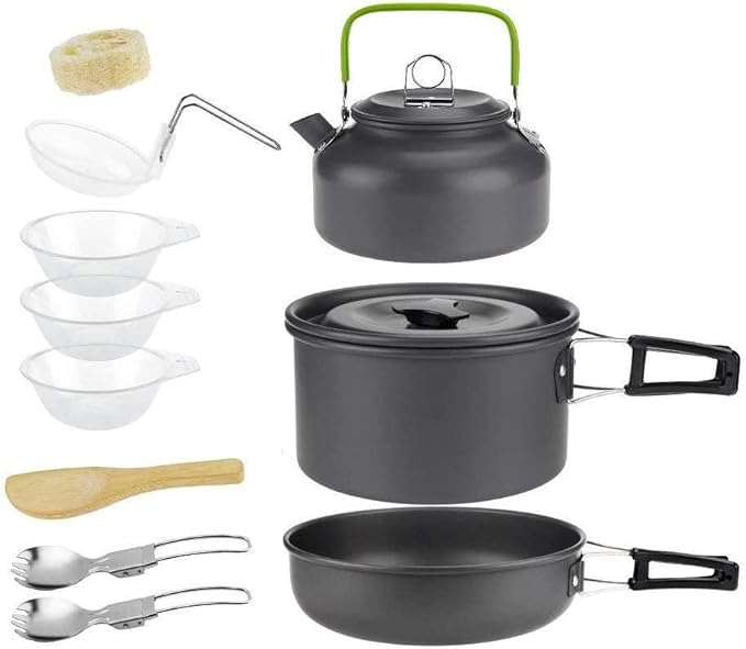 Portable Camping Cookware Kit, Outdoor Cook Gear Pot Pan Kettle Set, Picnic Tableware Tools for Hiking Backpacking Family