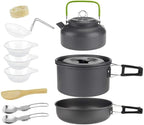 Portable Camping Cookware Kit, Outdoor Cook Gear Pot Pan Kettle Set, Picnic Tableware Tools for Hiking Backpacking Family