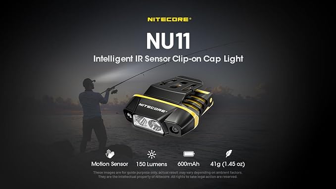 Nitecore NU11 Clip-On Cap Light and Headlamp, 150 Lumen Bright, USB-C Rechargeable, 90 Degree Adjustable for Fishing Camping and Work with Hands-Free Motion Sensor, White and Red LEDs and Sticker