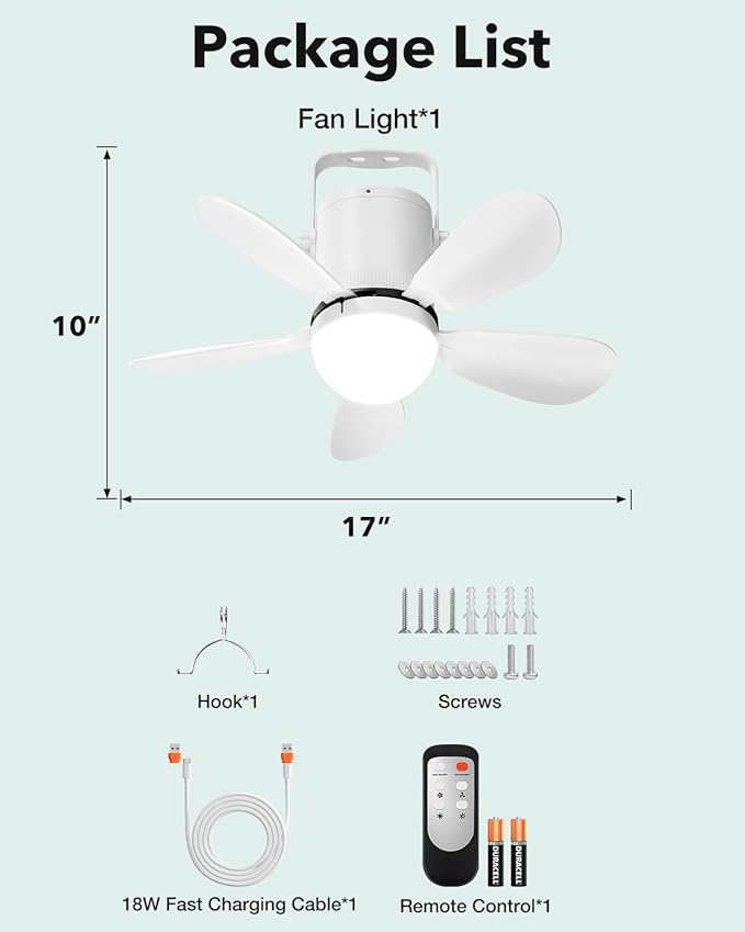 Ceiling Fan Light, Portable Battery Gazebo Fan with Remote Control & Fast Charging Cable, Rechargeable Wireless Camping Fan Outside, for Outoor Tent Porch Canopy Pergola RV Travel