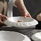 Camping Plates 8.5-inch Rock-Grain Ceramic Plate Household Deep Dish Creative Hotel Restaurant Tableware White Dinner Soup Decorative Plate(8.5 in)
