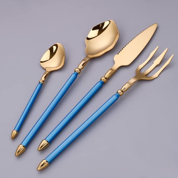 24pcs gold flaware set for 6,stainless steel silverware set,Tableware Sets for 6 Including Forks Spoons Knives, Gold knife and fork long white handle Camping Silverware Travel Utensils Set Cutlery