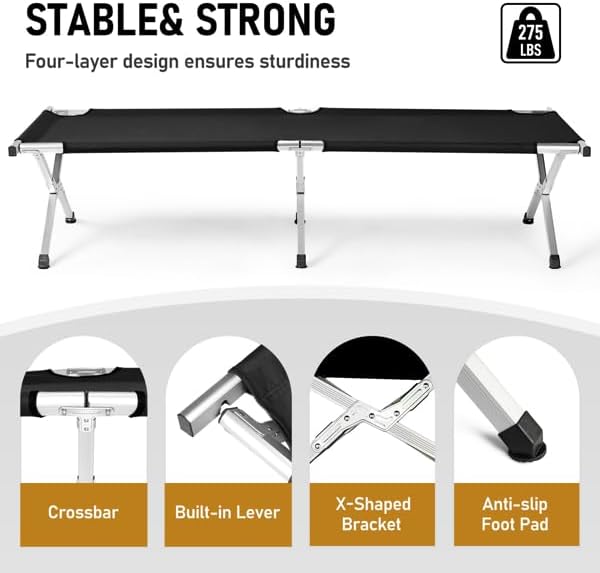 Portable Folding Camping Cot, Heavy Duty Sleeping Bed with Carrying Bag, 610D Oxford Cloth & Lightweight Aluminum Frame, 275lbs Load, Outdoor Cot for Adults, Travel, Hiking, Office (Black, 4 Pack)