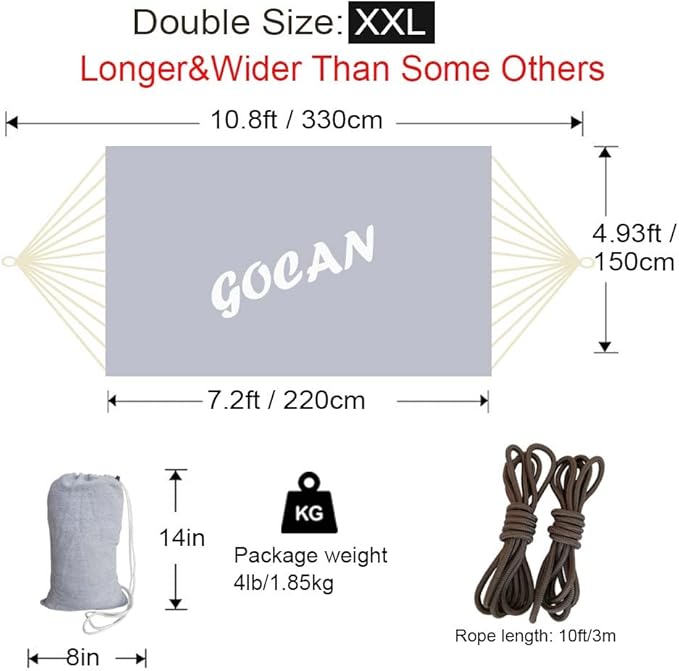 Brazilian Double Hammock 2 Person Extra Large 330X150cm Load Capacity 600Pound Canvas Cotton Hammock for Patio Porch Garden Backyard Lounging Outdoor and Indoor XXL(Grey)