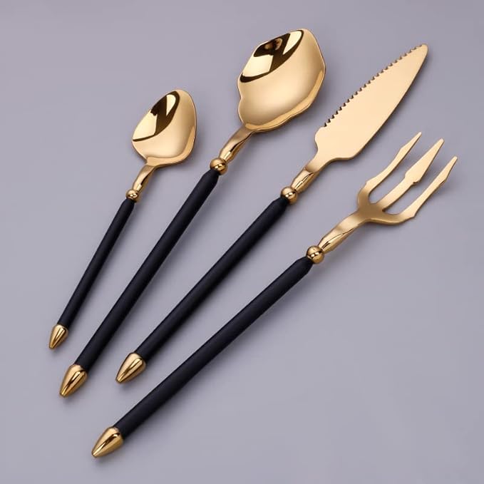 32pcs gold flaware set for 8,stainless steel silverware set,Tableware Sets for 8 Including Forks Spoons Knives, Gold knife and fork long white handle Camping Silverware Travel Utensils Set Cutlery
