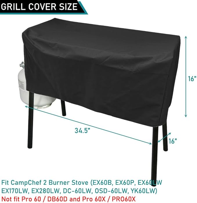 Patio Stove Cover for Camp Chef 2 Burner Waterproof Outdoor Cooking Stoves Covers 34.5 Inch UV Resistant Fits EX60LW, EX-60, DC-60LW, OSD-60LW, YK60LW, EX280LW Black WC007, 34.5L*16W*16H inch