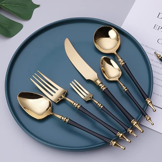 Stainless Steel Silverware Set - 20 Pieces Retro Flatware Cutlery Set with Steak Knives & Forks - Royal Tableware for Home & Hotel Dining - Elegant Blue Design