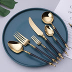 Cutlery Set Pieces Service Stainless Steel Titanium Flatware,16-piece Flatware Set, 4 Servings Tableware, Stainless Steel Cutlery, Including Knife, Fork and Spoon Teaspoon with Gold Wooden