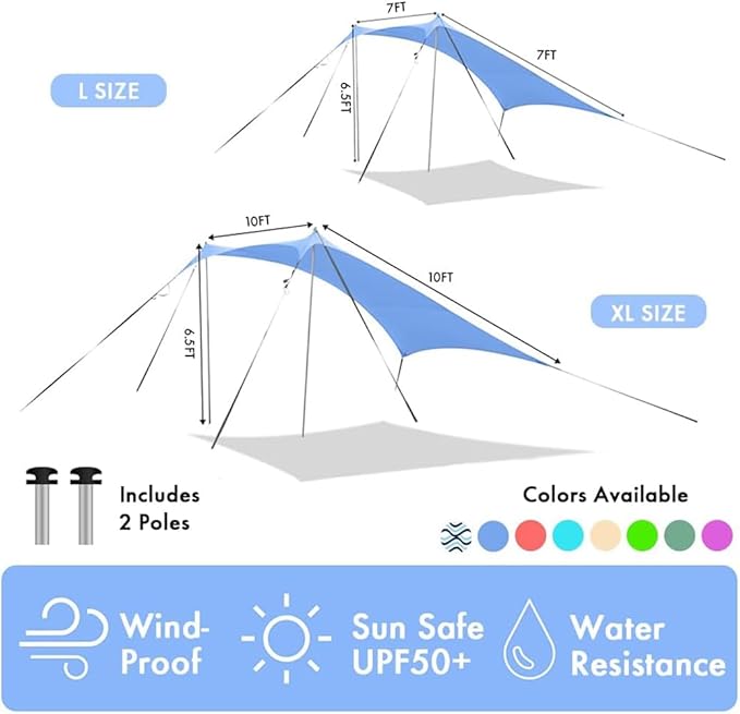 Beach Sun Shade Windproof Design, Sun Shelter UPF50+ Portable Family Tent with 6 Sandbags Anchors 10x10 FT 2 Pole