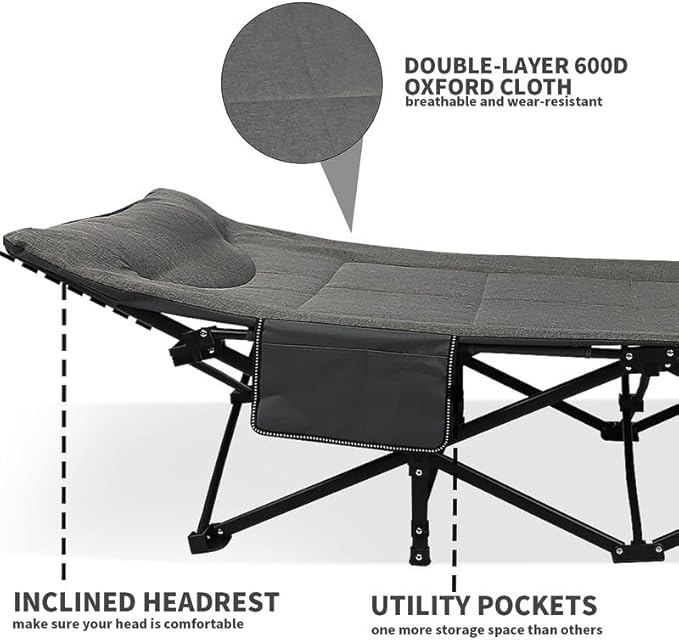 Northroad Camping Cot for Adults with Cushion and Pillow, Portable Folding Bed for Sleeping, Lightweight Tent cot with Carry Bag Supports 450 lbs (Grey)