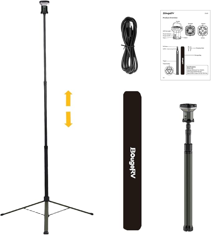 BougeRV Telescoping Camping Light, 3200 Lumen Outdoor Lantern, 8000mAh LED Lantern, 7.55 ft Tall, 90-Hour Runtime, Rechargeable Tent Lamp for Camping, Emergency, Hiking, Outdoor, Fast Charging Version