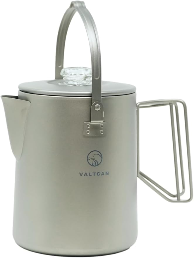 Valtcan Titanium Percolator Coffee Maker World's First Full Titanium, 6-Cup 1.5L, 395g Ultralight, No Metallic Taste, CNC Filter, Glass Brew Viewer, Campfire & Stovetop, Grade 1 Ti, Carry Case