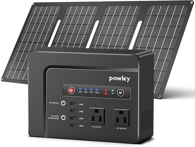 Powkey Solar Powered Generator, 200W Portable Power Station with Solar Panels 40W, 146Wh Power Bank with 2 AC Outlet 110V Pure Sine Wave for Outdoor Camping Emergency Home