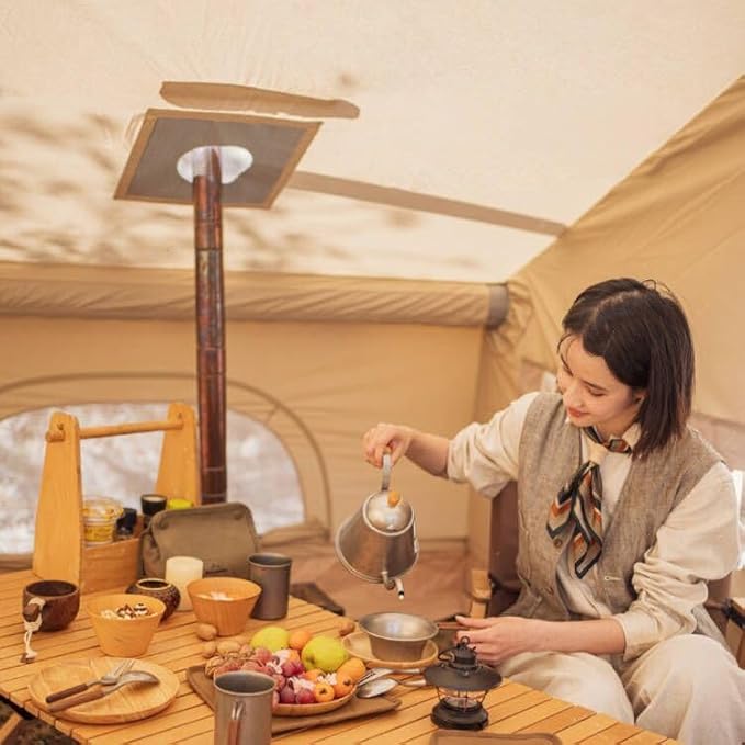 Large Luxury Inflatable Camping Tent Cotton Canvas Tent, Breathable and Waterproof Air Tent with Skylight and Stove Jack Hole for for 4-6-8-10 Person Family Camping