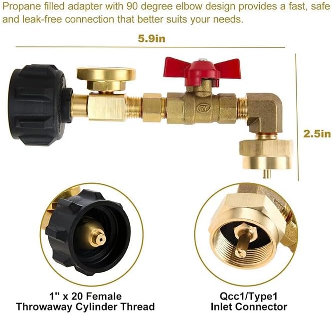 Propane Refill Adapter for 1 lb Tanks, 20lb to 1lb Converter with Gauge Valve, Brass Elbow Propane Tank Refill Adapter for BBQ Grill Stove Camping