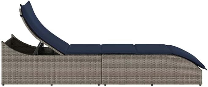 Folding Sun Lounger with Cushion and Storage Gray Poly Rattanrecliner Tanning Chair Camping Chairs Patio Suitable for Garden Courtyard