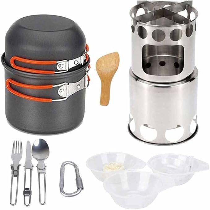 Camping Stove Outdoor Cookware Mess Kit Outdoor Folding Wood Stove Camping Pot Set Bowls Spoon Tableware Cooking Set (Color : A) (B)