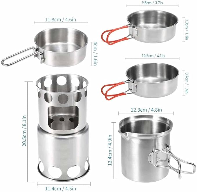 10Pcs Camping Cookware Mess Kit Portable Stainless Steel Folding Wood Stove Pot Pan Set Bowls Spoon Tableware Cooking Set