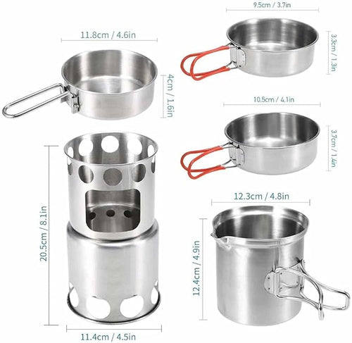 10Pcs Camping Cookware Mess Kit Portable Stainless Steel Folding Wood Stove Pot Pan Set Bowls Spoon Tableware Cooking Set