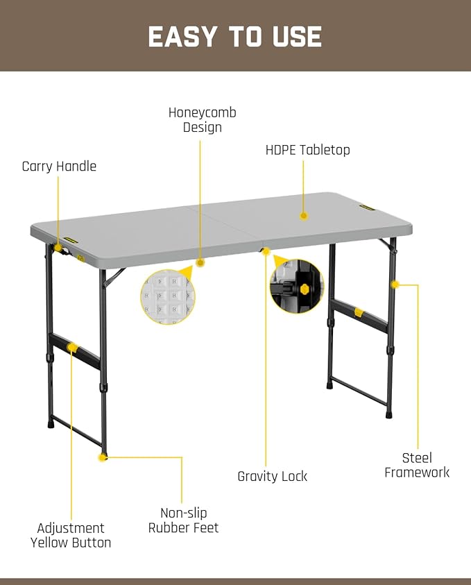 FanttikOutdoor Folding Table 4 Foot, Effortless Quick Adjustable Height Foldable Small Card Table, Fixing Lock, Stable for Party Dining Events Picnic Indoor Outdoor Camping, 1 Pack, Zeta X4 Pro Grey