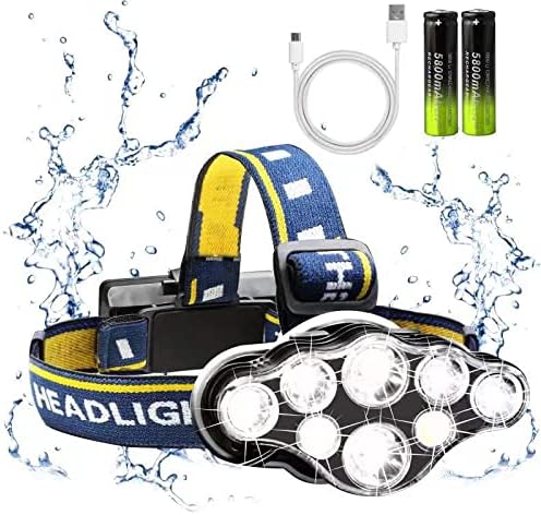 Rechargeable Headlamp, 8 LED 18000lm IPX4, Red Light Flashlight, USB Cable 8 Modes Outdoors Camping Running Fishing Hiking (Yellow Headband)
