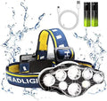 Rechargeable Headlamp, 8 LED 18000lm IPX4, Red Light Flashlight, USB Cable 8 Modes Outdoors Camping Running Fishing Hiking (Yellow Headband)