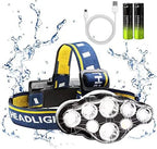 Rechargeable Headlamp, 8 LED 18000lm IPX4, Red Light Flashlight, USB Cable 8 Modes Outdoors Camping Running Fishing Hiking (Yellow Headband)