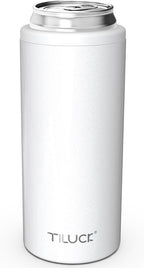 TILUCK Skinny Can Cooler for Slim Beer & Hard Seltzer, Stainless Steel, Doucle-Walled Stainless Steel Insulated Slim Cans, Standard 12 oz (Glitter White)