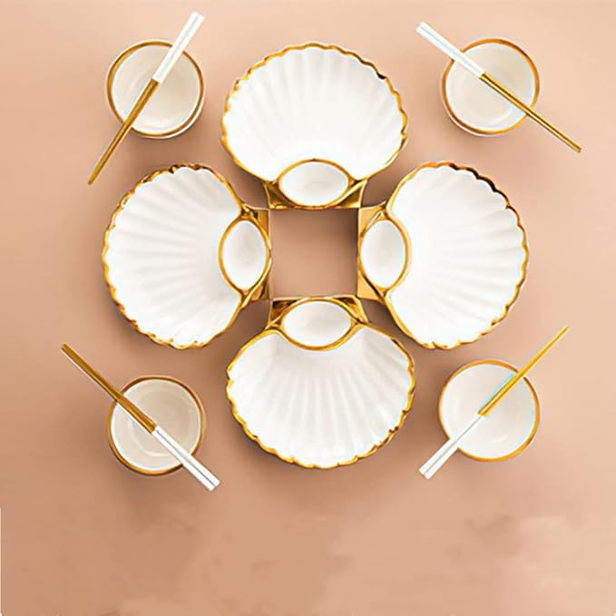 Tableware Set,Green Gold Rim Ceramic Dinner Plate Shell Breakfast Snack Dumpling Dishes Food Salad Noodle Bowl Soup Chopsticks Tableware Set