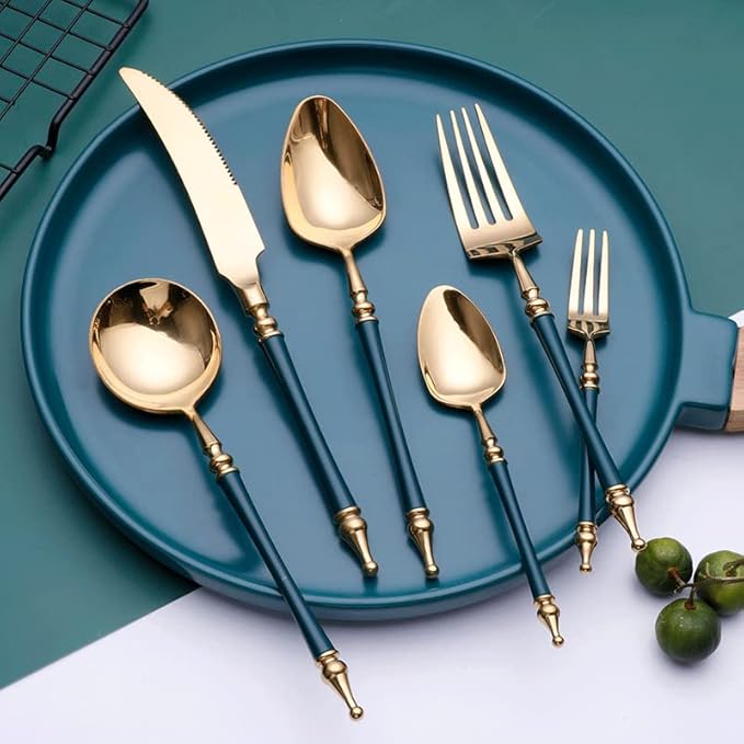 Cutlery Set Pieces Service Stainless Steel Titanium Flatware,16-piece Flatware Set, 4 Servings Tableware, Stainless Steel Cutlery, Including Knife, Fork and Spoon Teaspoon with Gold Wooden