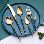 Cutlery Set Pieces Service Stainless Steel Titanium Flatware,16-piece Flatware Set, 4 Servings Tableware, Stainless Steel Cutlery, Including Knife, Fork and Spoon Teaspoon with Gold Wooden