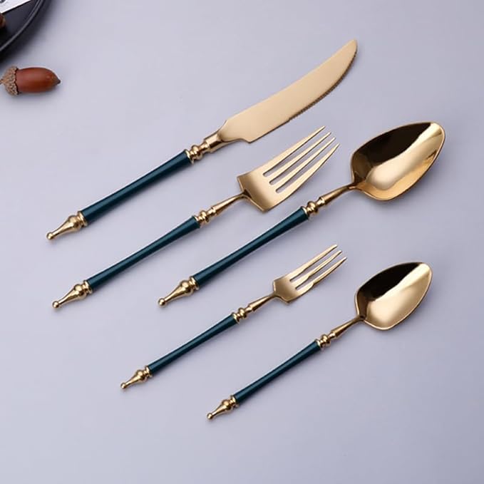 Cutlery Set Pieces Service Stainless Steel Titanium Flatware,16-piece Flatware Set, 4 Servings Tableware, Stainless Steel Cutlery, Including Knife, Fork and Spoon Teaspoon with Gold Wooden