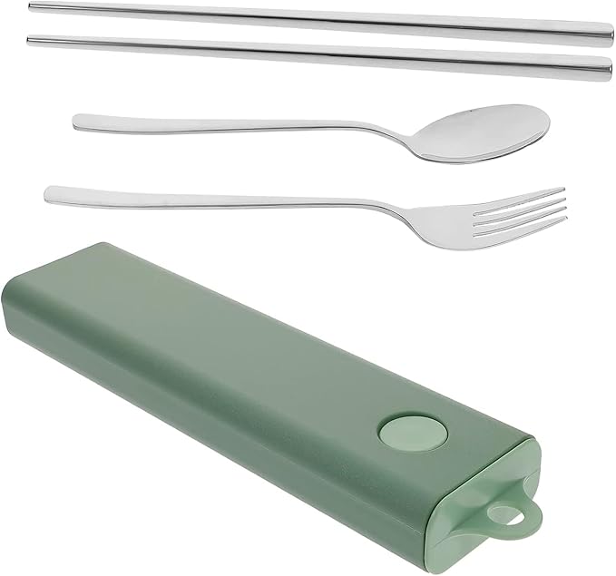 4 Sets Fork Spoon Chopsticks Stainless Steel Spoon Stainless Steel Utensils Set Travel Cutlery Reusable Spoon Spoon Fork Chopstick Portable Tableware Green Chopstick Rest