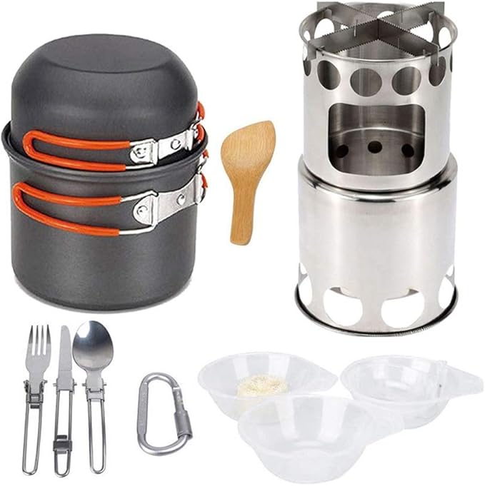 Camping Stove Outdoor Cookware Mess Kit Outdoor Folding Wood Stove Camping Pot Set Bowls Spoon Fork Cutter Tableware Cooking Set (Color : A) (A)