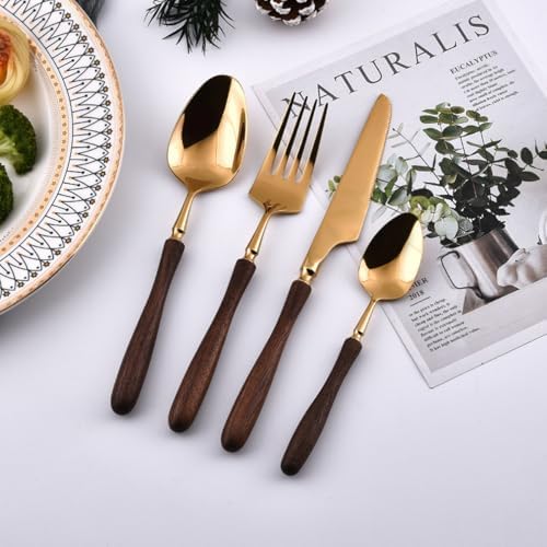 Gold Silverware Set Walnut Flatware Set, Kitchen Tableware Set 304 Stainless Steel Flatware Cutlery Set,Forks Spoons and Knives Set for Home/Camping/Travel,Mirror Finish (Gold 32PieceSetfor8)