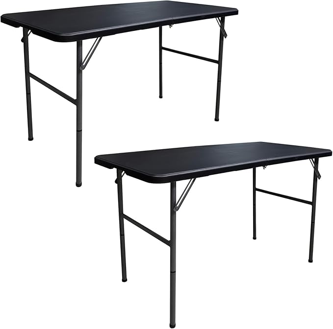 4FT Plastic Folding Table - Lightweight & Portable for Camping, Picnic, Card Games - Indoor Outdoor Foldable Dining & Utility Table (Black-2set)