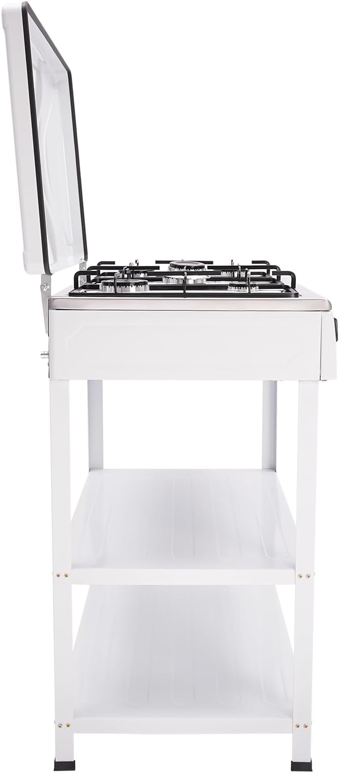 Gas Stove 5 Burner, Portable Natural Gas Stove Outdoor Camping BBQ Stove Gas Cooker with 2 Tier Storage Rack, for RV, Apartment, Outdoor Cooking (White, 5-Burner)