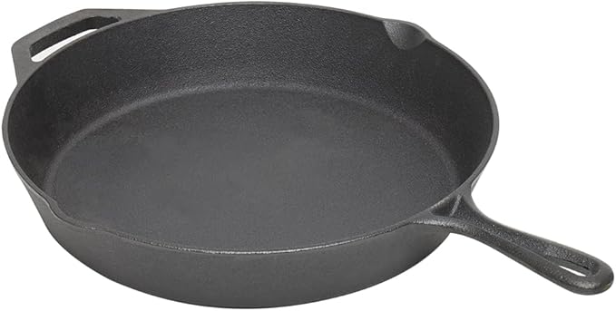 12" Cast Iron Skillet (Black), By Home Basics | Frying Pan For Pancakes, Meat, and Fish | Large Skillet For Stovetop and Campfire | Nonstick With Pour Spouts