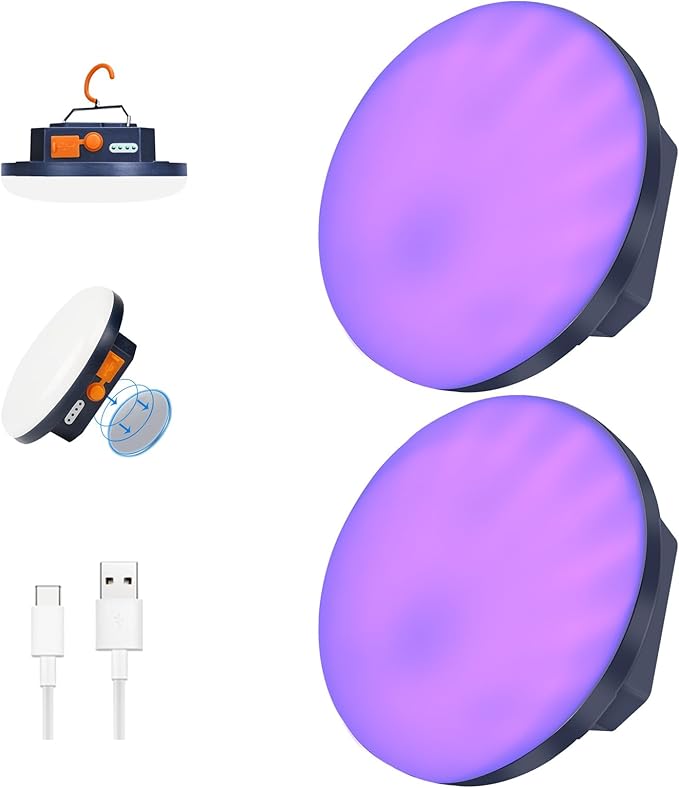 2pcs 10000mAh Rechargeable 3000LM Tent Light Camping Light, 6500K 24Hours Long Play Time , Outdoor Night Market Light Night Fishing Light Emergency Lights for Hurricane Tsunami disasters (UV)