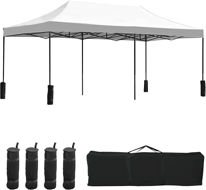10x20fT Pop-Up Canopy Tent – Adjustable Height Outdoor Gazebo, Quick Setup with Sandbags, Ground Stakes & Ropes, Perfect for Outdoor Activities, White